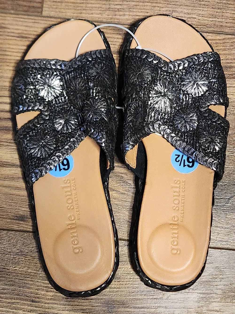 gentle souls Black Metallic Embroidered Open-Toe Slide